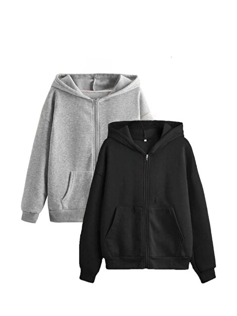Trendseninle 2li Set Siyah Gri Kapüşon Detay Fermuarlı Hırka - S000448766-37430