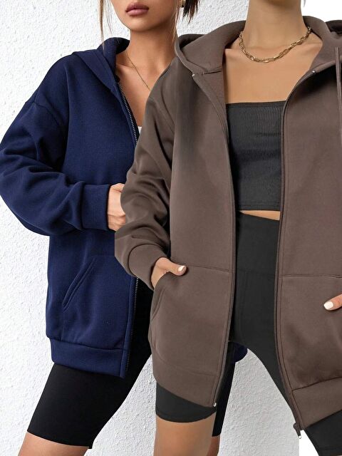 Trendseninle 2li Set Laci Kahve Kapüşon Detay Fermuarlı Hırka - S000448766-37348