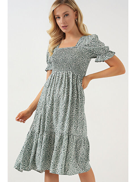 Bigdart Kadın Kısa Kol Çiçekli Elbise 2556 - Mint - S000387849-17259