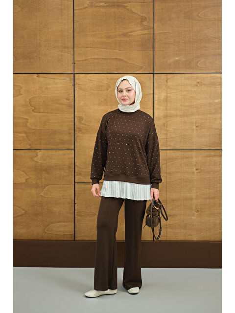 Locco Moda Kadın Beli Pileli Taşlı İkili Takım Kahverengi - S000503123-19413