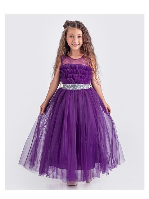 Mnk Baby & Kids Sapes Model Sırt Gipeli Tüllü Kız Çocuk Askılı Saten Abiye MNK0618 - S000389140-20042