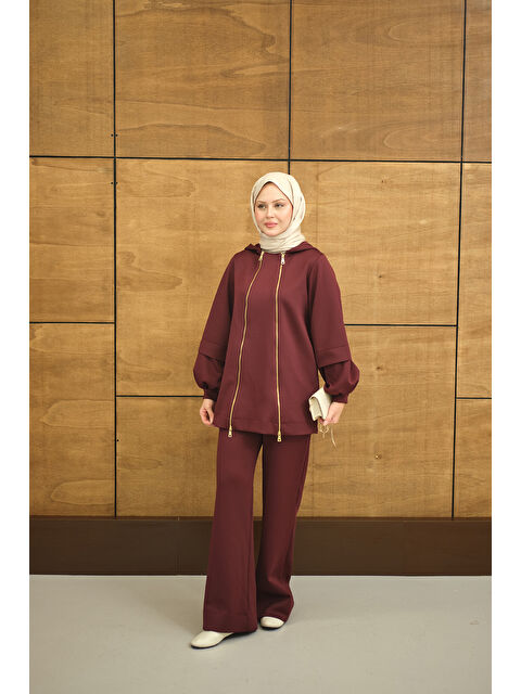 Locco Moda Kadın Kapüşonlu Çift Fermuar Detay Regular Scuba Takım Bordo - S000500146-19951