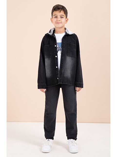 Cansın Mini Siyah Kapüşonlu Ceketli Pantolonlu Erkek Çocuk 3lü Jean Takım 23623 - S000513680-19351