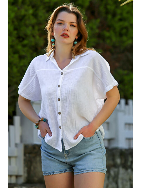 Chiccy Beyaz Gömlek Yaka Kısa Kol Düğmeli Yıkamalı Casual Müslin Dokuma Gömlek 68 60 - S000367598-20063