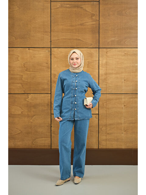 Locco Moda Kadın Gümüş Düğme Detaylı Takım Buz Mavi - S000503132-3053