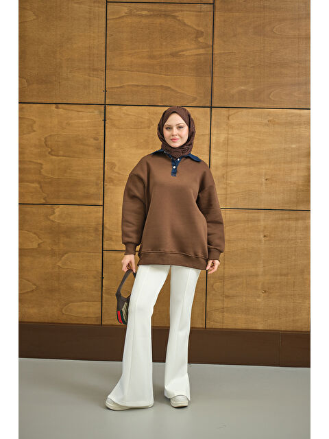 Locco Moda Kadın Yakası Jean Detay Sweat Kahverengi - S000503129-19413