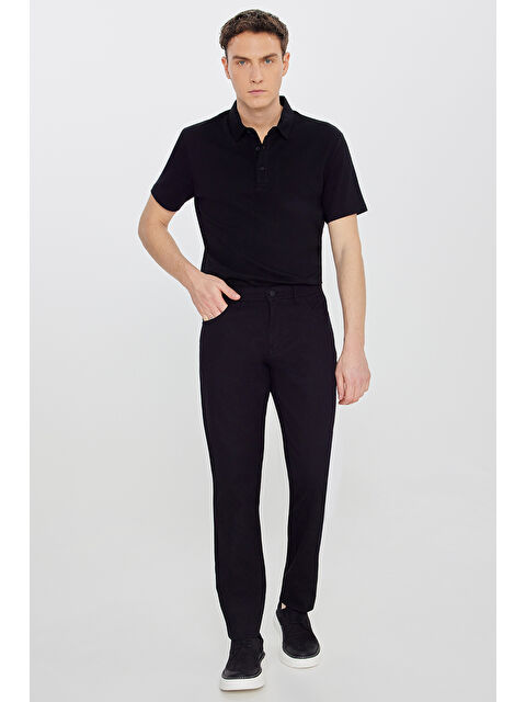 Altınyıldız Classics Erkek Siyah Pamuklu Slim Fit Dar Kesim 5 Cepli Armürlü Esnek Pantolon