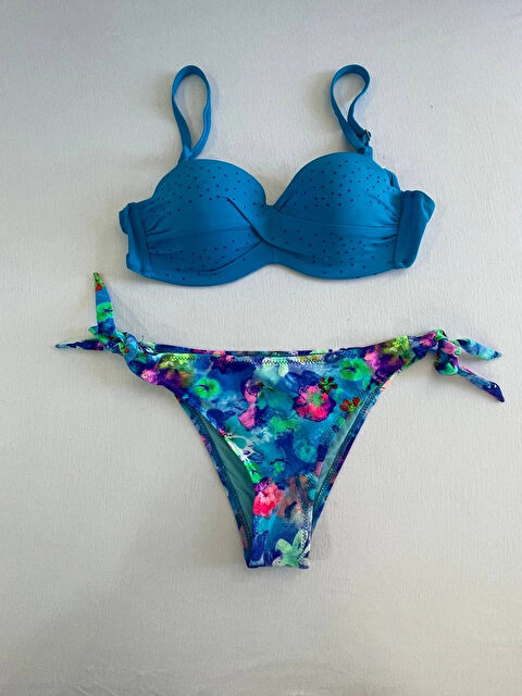Hazelin Kadın Mavi Taş İşlemeli Desenli Astarlı Bikini Takım HZL25S-LC203 - S000397873-17234