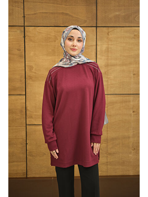 Locco Moda Kadın Bisiklet Yaka Omuz Taş Detay Regular Viskon Tunik Bordo - S000503133-19951