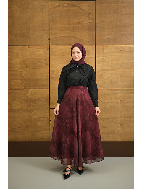 Locco Moda Kadın Çiçek Desen Astarlı Şifon Etek Bordo - S000503128-19951