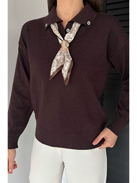 Gülseli Kadın Polo Yaka Fularlı Ve Broşlu Triko Bluz - S000482803-19413