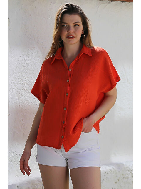 Chiccy Narçiçeği Gömlek Yaka Kısa Kol Düğmeli Yıkamalı Casual Müslin Dokuma Gömlek 68 60 - S000367598-20048