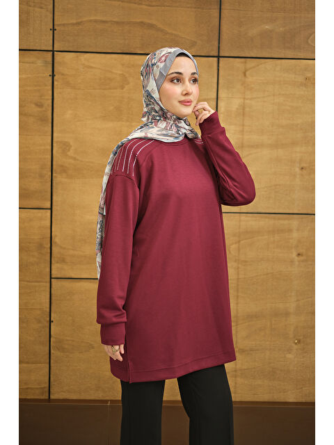 Locco Moda Kadın Bisiklet Yaka Omuz Taş Detay Regular Viskon Tunik Mürdüm - S000503133-20036