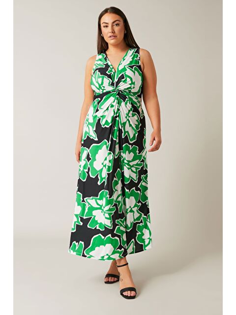 Stil Diva Büyük Beden V Yaka Sıfır Kol Çiçek Desenli Önü Büzgülü Maxi Elbise 615376 - S000427380-37251