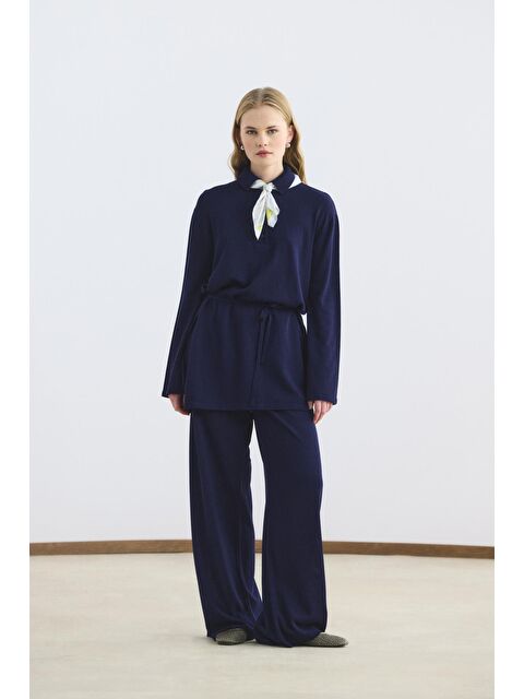 Kadriye Baştürk Polo Yaka İnce Triko Tunik Pantolon Takım Lacivert - S000510828-21164