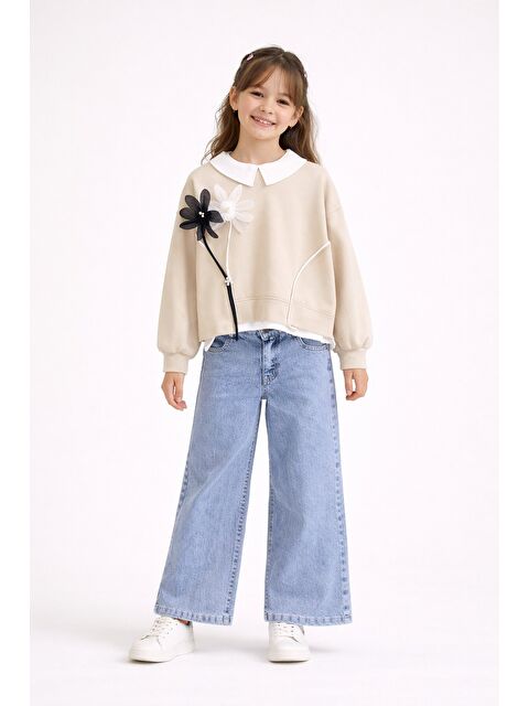 Cansın Mini Krem Çiçek Detaylı Badili Gömlekli Kız Çocuk 3lü Alt Üst Takım 23531 - S000502532-19966