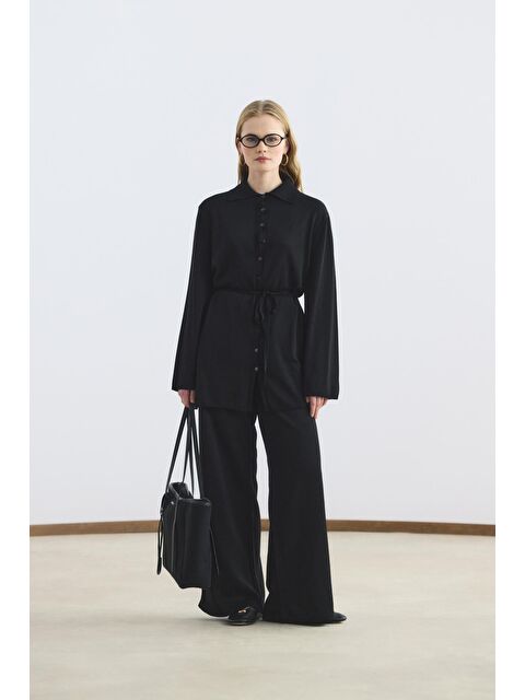 Kadriye Baştürk Polo Yaka İnce Triko Tunik Pantolon Takım Siyah - S000510828-19351