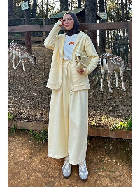 Ceylan Otantik Terayağ Sarısı 3 İplik Uzun Fermuarlı Eşofman Takım - S000486187-20072