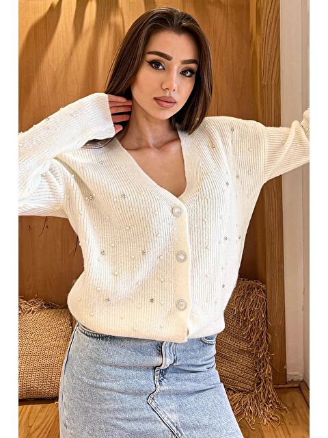 Gülseli Kadın İncili Taşlı Triko Hırka - S000289593-19966