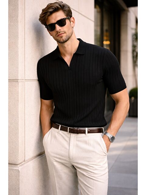 Tarz Cool Erkek Polo Yaka İnce Triko Tişört Yazlık Rahat Kalıp