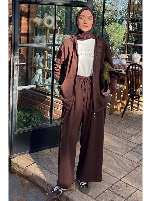 Ceylan Otantik Acı Kahve 3 İplik Uzun Fermuarlı Eşofman Takım - S000486187-28102