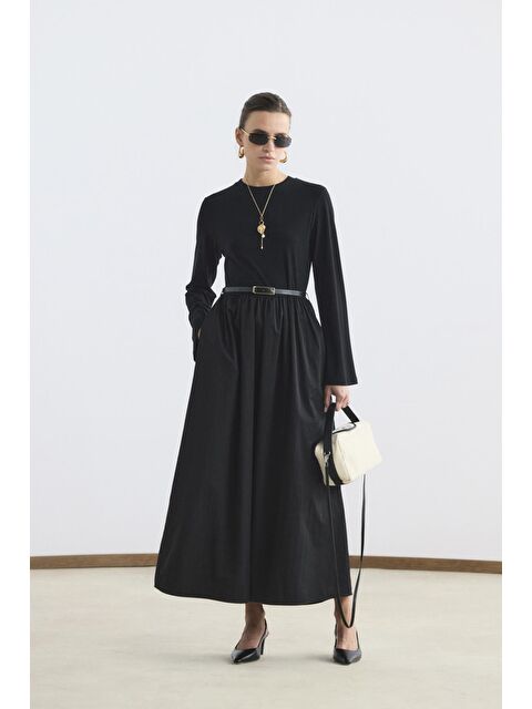 Kadriye Baştürk Dar Kesim Kemerli Mix Elbise Siyah - S000510830-19351