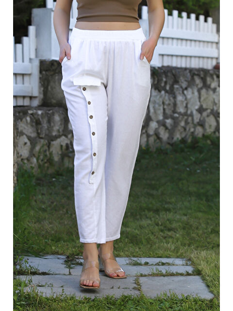Chiccy Beyaz Cepli Yıkamalı Lastikli Bel Jogger Paça Casual Keten Karışımlı Dokuma Pantolon 104 62 - S000367602-20063