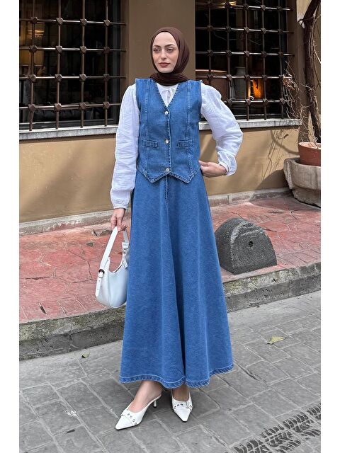 Lamelif Kruvaz Kapama Jean Etekli Takım Koyu Mavi - S000515405-19393