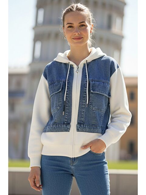 Chiccy İtalyan Jean Mavisi Kapüşonlu Uzun Kol Fermuarlı Cepli Triko Garnili Denim Ceket 65 60 - S000486850-17234