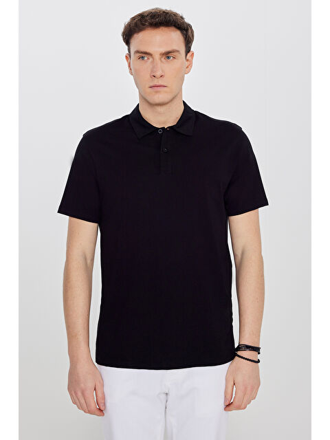 AC&Co / Altınyıldız Classics Erkek Siyah %100 Pamuk Standart Fit Normal Kesim Polo Yaka Tişört
