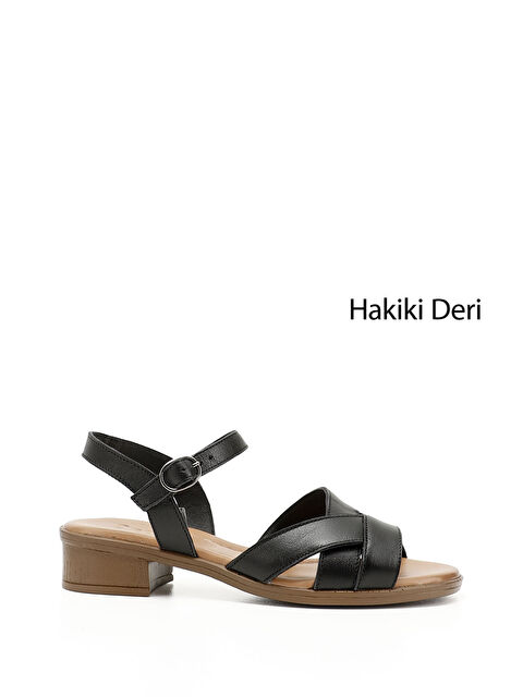 GÖNDERİ(R) Kadın ZÜMRÜT-SİYAH Kısa Kalın Topuklu Hakiki Deri Sandalet