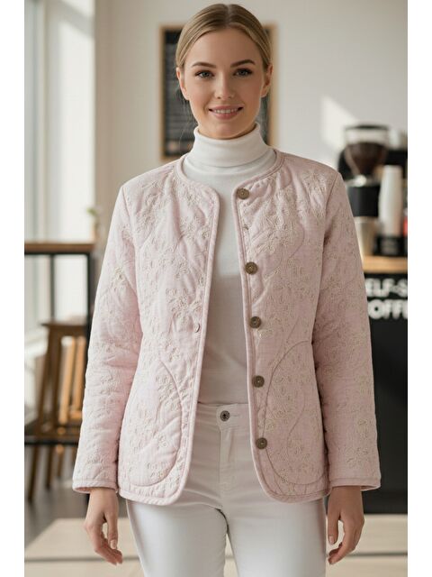 Chiccy Pastel Pembe Kimono Yaka Uzun Kol Düğmeli Cepli Casual Kapitone Dokuma Ceket 65 55 - S000486851-16324