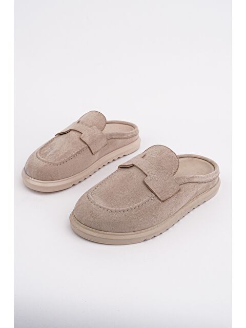 Muggo VİNTAGE Süet Deri Günlük Rahat Önü Kapalı Kadın Loafer Terlik