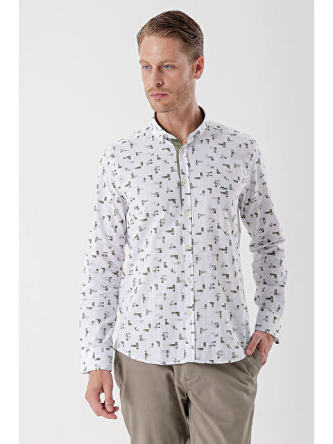İMZA Beyaz Uzun Kollu Baskılı Bez Ayağı Cepsiz Garnili Klasik Slim Fit Dar Kesim Gömlek 1004230230 - S000348200-16277