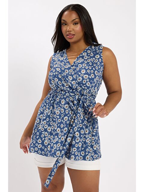 Stil Diva Büyük Beden V Yaka Sıfır Kol Çiçek Desenli Kuşaklı Anvelop Bluz 322681 - S000427451-17234