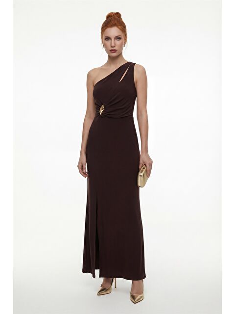 Lafaba Kadın Kahverengi Tek Omuz Aksesuar Detay Maxi Elbise - S000494360-19413