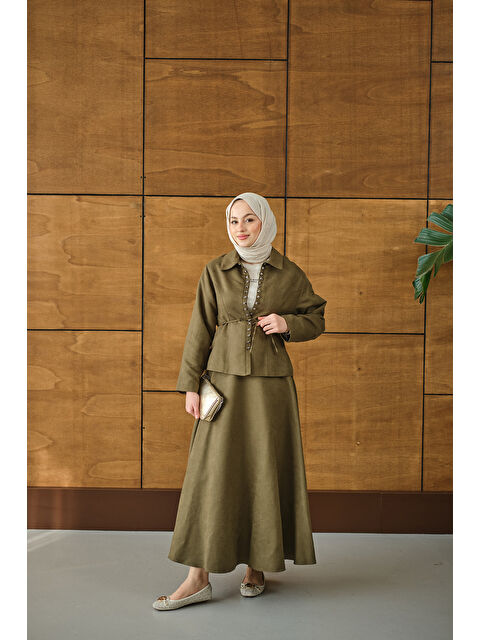 Locco Moda Kadın Bluz Kancalı Nubuk Takım Yeşil - S000494476-18194