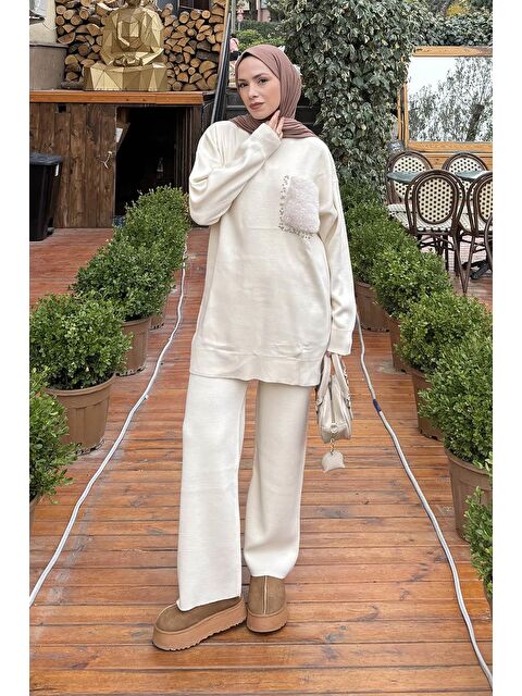 Lamelif Pelüş Cep Triko Takım Krem - S000515409-19966