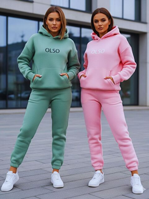 Trendseninle 2Li Set Su Yeşili+Pembe Olso Baskılı Kapüşonlu Alt Üst Eşofman Takım - S000506906-2422
