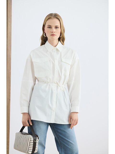 Kadriye Baştürk Cepli Biye Kemerli Oversize Gömlek Ekru - S000510832-19965