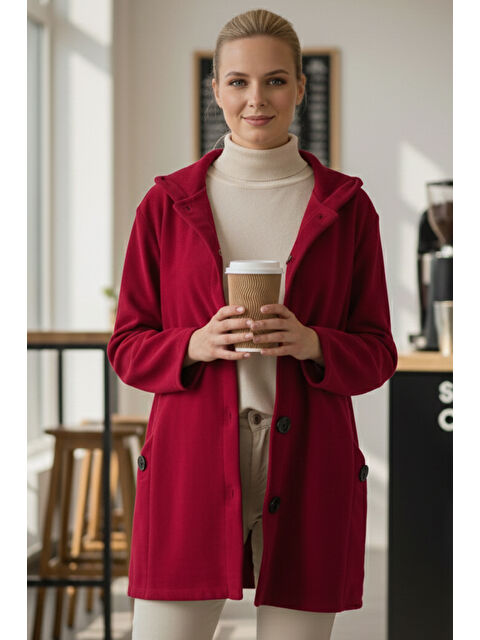 Chiccy İtalyan Kırmızı Kapüşonlu Uzun Kol Düğmeli Cepli Casual Kadife Oversize Dokuma Ceket 80 70 - S000486852-20045