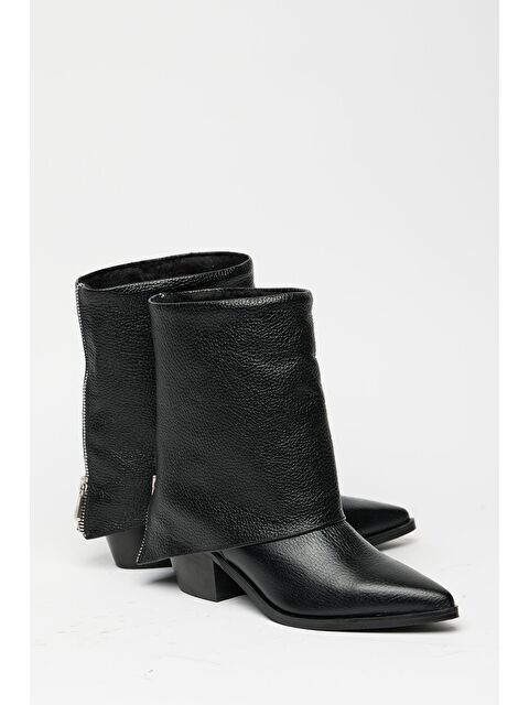 MADAMRA Kadın Siyah Hakiki Deri Western Topuklu Bot – Sivri Burun & Fermuar Aksesuarlı - S000451603-19351