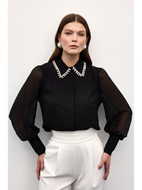 SATEEN Aksesuar Yakalı Gömlek - Siyah