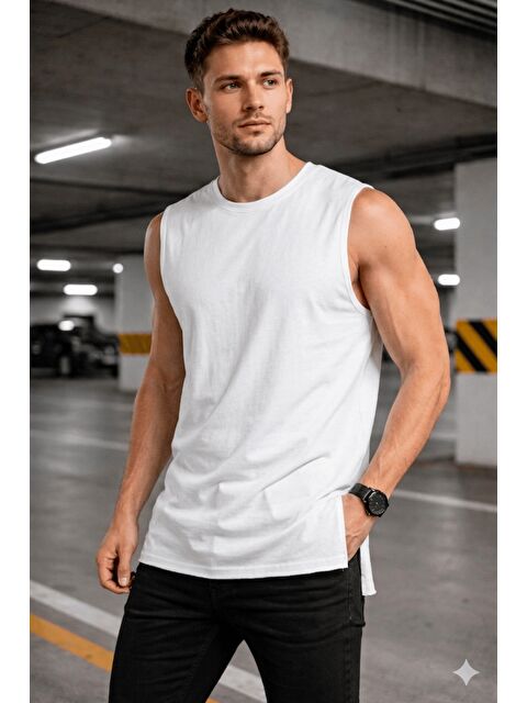 Tarz Cool Erkek Kolsuz Regular Fit Basic Atlet Yan Yırtmaçlı Pis Yaka Tişört