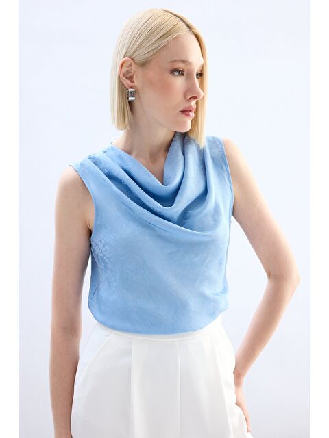 SATEEN Degaje Yaka Bluz - Bebe Mavi - S000497778-3642