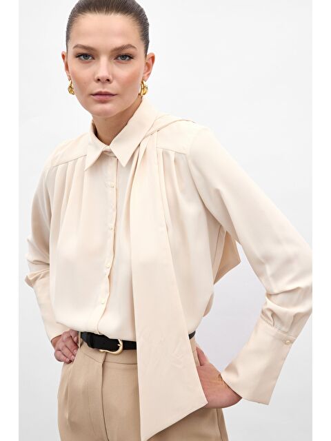 SATEEN Fularlı Gömlek - Bej - S000499963-19928