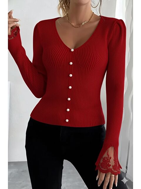 Gülseli Kol Güpür Detaylı V Yaka Triko Bluz - S000445952-20045