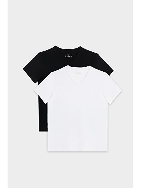 TUDORS Unisex 2'Li Paket Siyah-Beyaz Slim Fit Dar Kesim %100 Pamuk V Yaka Tişört - S000494365-37424