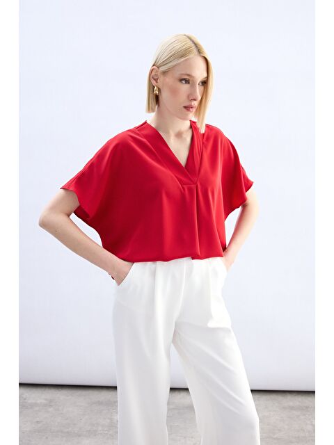 SATEEN Geniş Kısa Kollu Bluz - Kırmızı - S000497779-20045
