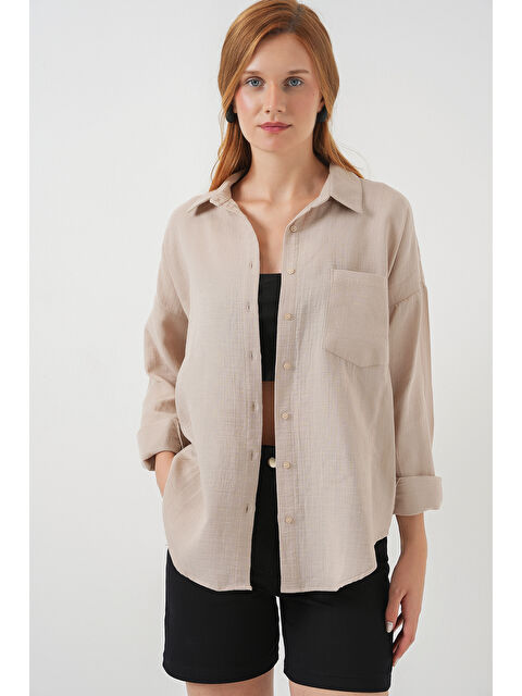 Bigdart Kadın Tek Cepli Oversize Müslin Gömlek 20353 - Bej - S000421873-19928